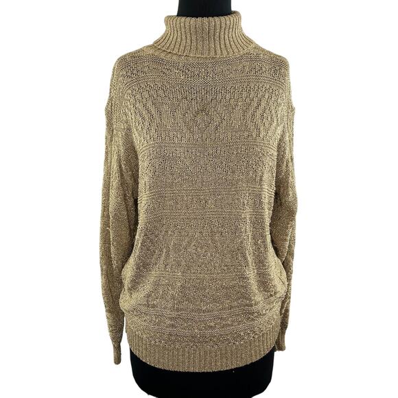 VINTAGE Ralph Lauren Blue Label Gold Metallic Knit Turtleneck Long Slv Sweater L - Picture 1 of 9